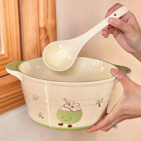 Tô Sứ Có Quai Kèm Muôi Decor Họa Tiết Trái Dừa Xanh Siêu Dễ Thương - Thố Sứ Ăn Mì, Đựng Canh, Salad Phong Cách Hàn Quốc