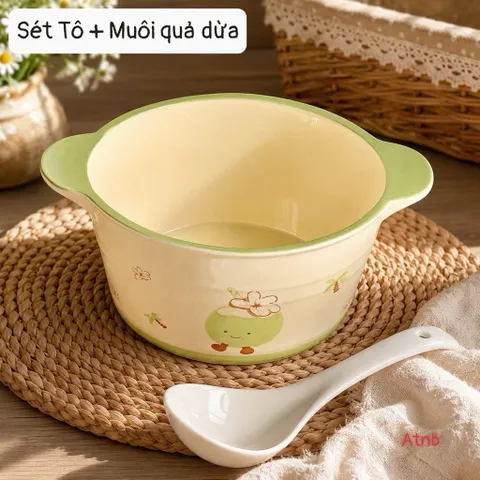Tô Sứ Có Quai Kèm Muôi Decor Họa Tiết Trái Dừa Xanh Siêu Dễ Thương - Thố Sứ Ăn Mì, Đựng Canh, Salad Phong Cách Hàn Quốc