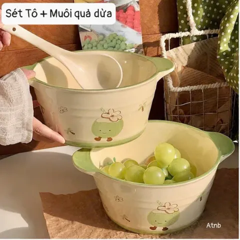 Tô Sứ Có Quai Kèm Muôi Decor Họa Tiết Trái Dừa Xanh Siêu Dễ Thương - Thố Sứ Ăn Mì, Đựng Canh, Salad Phong Cách Hàn Quốc