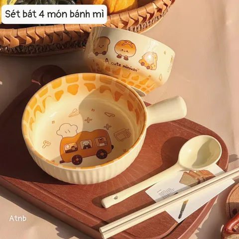 Combo Sét 4 Món Bát Sứ Đĩa Sứ Hình Bánh Mì Dễ Thương, Tô Chén Sứ Phong Cách Hàn Quốc Trang Trí Bàn Ăn, Set Quà Tặng