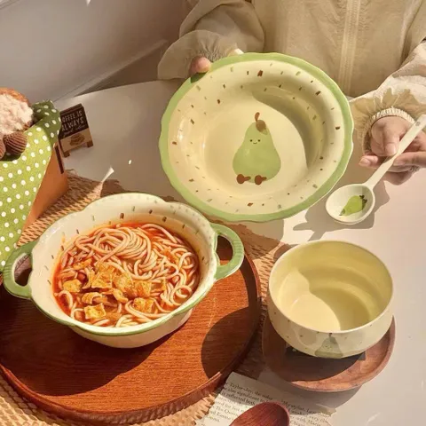 Bộ Bát Đĩa Gốm Sứ Decor Dễ Thương - Trọn Bộ Bát Tô Có Quai Ăn Mì, Bát Con Ăn Cơm, Đĩa Sứ, Thìa Đũa Họa Tiết Bánh Mì Cute