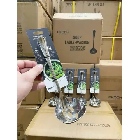 Combo 2 Thìa Múc Canh Và Muôi Thủng Vớt Lẩu Inox Nguyên Khối GKOCH Cao Cấp 22.5cm - Tay Cầm Dày Dặn Cách Nhiệt