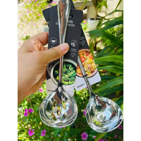 Combo 2 Thìa Múc Canh Và Muôi Thủng Vớt Lẩu Inox Nguyên Khối GKOCH Cao Cấp 22.5cm - Tay Cầm Dày Dặn Cách Nhiệt