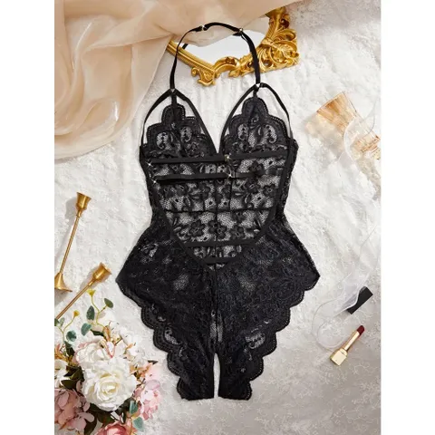 Bodysuits Đồ Lót Liền Thân Xẻ Đáy Ren Hoa Áo Ngủ 1 Mảnh  - N906 Đen