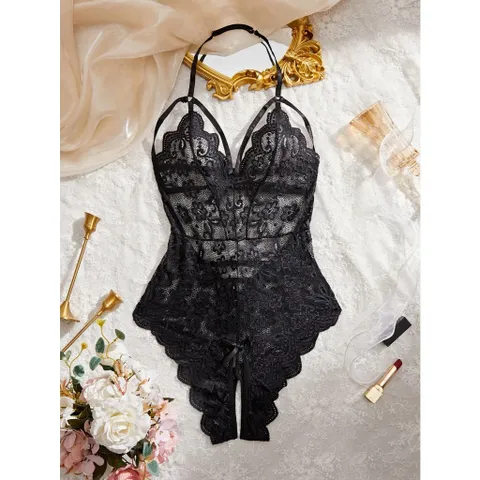 Bodysuits Đồ Lót Liền Thân Xẻ Đáy Ren Hoa Áo Ngủ 1 Mảnh  - N906 Đen