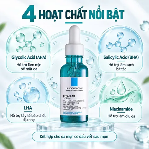 Tinh Chất Giảm Mụn Mờ Thâm La Roche-Posay Effaclar Serum Ultra Concentré 30ml AHA BHA LHA Niacinamide Cho Da Mụn (date 6/27)