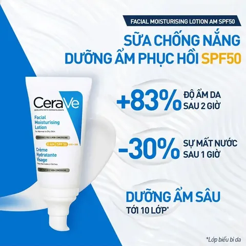 Sữa Dưỡng Ẩm Ban Ngày CeraVe AM Facial Moisturising Lotion SPF50 52ml - Kem Dưỡng Ẩm Da Mặt Cho Da Thường và Da Khô, Chống Nắng, Không Kích Ứng