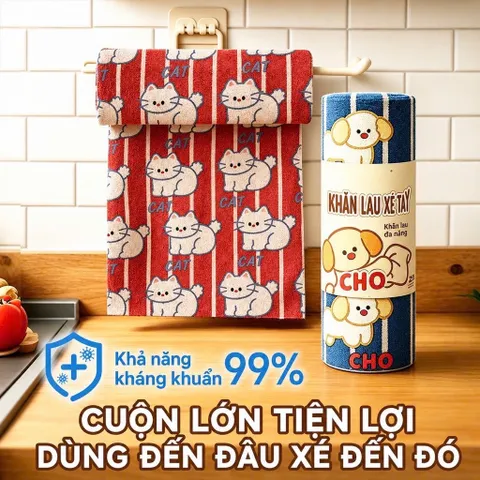 Cuộn Khăn Lau Đa Năng Họa Tiết Chó Mèo Dễ Thương (20 Tờ - Size 25cm) - Khăn Lau Xé Tay Nhà Bếp Thấm Hút Dầu Mỡ 813803