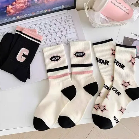 Combo 5 Đôi Tất Nữ Cổ Cao Phong Cách Hàn Quốc Ulzzang, Set Vớ Nữ Thể Thao Thêu Chữ STAR, Chữ C, Kẻ Sọc Cá Tính 813804