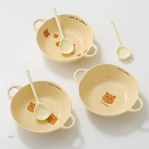 Sét Bát Sứ Gấu Life Is Lovely Kèm Thìa Cao Cấp - Bát Ăn Dặm Cho Bé, Tô Đựng Soup Có Hai Quai Cầm Gốm Sứ Decor Dễ Thương 813809
