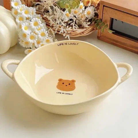 Sét Bát Sứ Gấu Life Is Lovely Kèm Thìa Cao Cấp - Bát Ăn Dặm Cho Bé, Tô Đựng Soup Có Hai Quai Cầm Gốm Sứ Decor Dễ Thương 813809