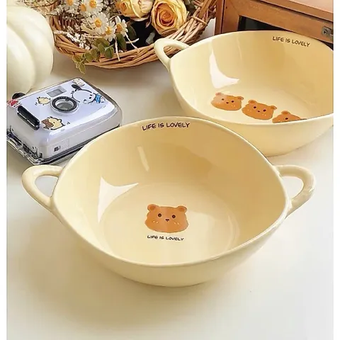 Sét Bát Sứ Gấu Life Is Lovely Kèm Thìa Cao Cấp - Bát Ăn Dặm Cho Bé, Tô Đựng Soup Có Hai Quai Cầm Gốm Sứ Decor Dễ Thương 813809