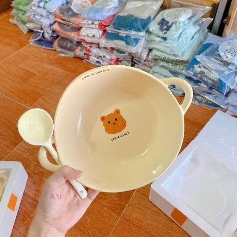 Sét Bát Sứ Gấu Life Is Lovely Kèm Thìa Cao Cấp - Bát Ăn Dặm Cho Bé, Tô Đựng Soup Có Hai Quai Cầm Gốm Sứ Decor Dễ Thương 813809