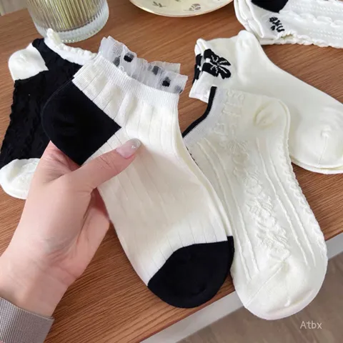 Combo 5 Đôi Tất Nữ Cổ Ngắn Phong Cách Hàn Quốc Ulzzang, Set Vớ Nữ Tiểu Thư Thêu Nơ, Viền Ren, Họa Tiết Thừng Xinh Xắn 813813