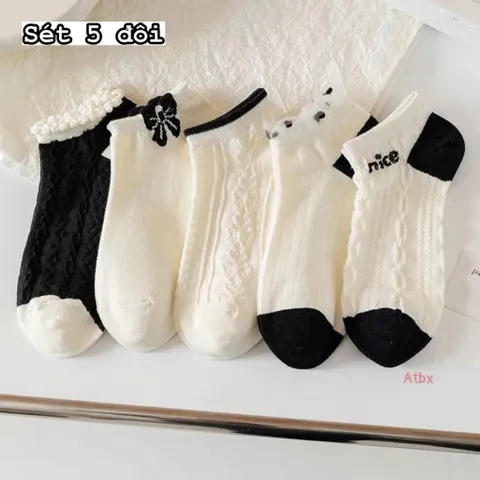 Combo 5 Đôi Tất Nữ Cổ Ngắn Phong Cách Hàn Quốc Ulzzang, Set Vớ Nữ Tiểu Thư Thêu Nơ, Viền Ren, Họa Tiết Thừng Xinh Xắn 813813