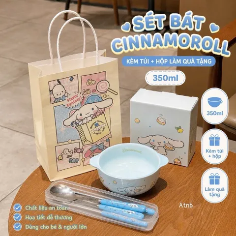 Sét Bát Ăn Kèm Thìa Đũa Hoạt Hình Sanrio (My Melody, Kuromi, Cinnamoroll) 350ml Kèm Hộp & Túi Giấy Làm Quà Tặng Cute