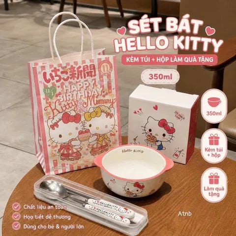 Sét Bát Ăn Kèm Thìa Đũa Hoạt Hình Sanrio (My Melody, Kuromi, Cinnamoroll) 350ml Kèm Hộp & Túi Giấy Làm Quà Tặng Cute