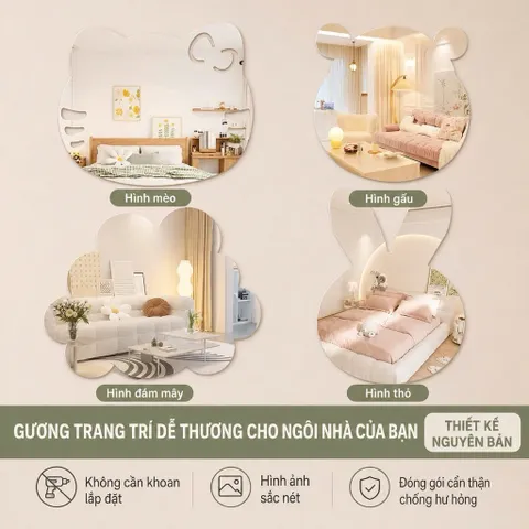 Gương Trang Trí Treo Tường Hình Thú Cưng Cute, Gương Decor Phòng Ngủ Cho Bé, Gương Soi Hình Động Vật Đáng Yêu