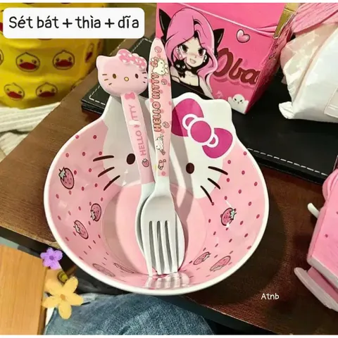 BỘ BÁT ĂN DẶM KÈM THÌA DĨA HÌNH HELLO KITTY HỒNG SIU CUTE - Tô Ăn Cơm, Đựng Salad, Ngũ Cốc Cho Bé Và Dân Văn Phòng 813841