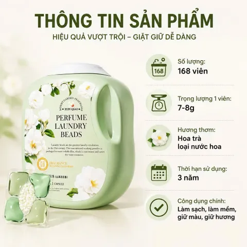 Viên Giặt Xả Cao Cấp Xun Qiao Monet Garden Hương Hoa Sơn Trà 168 Viên - Công Nghệ 5in1 Lưu Hương Lâu, Làm Sạch Sâu