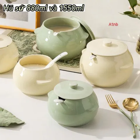 Âu Đựng Mỡ Heo, Hũ Đựng Gia Vị Bằng Sứ Cao Cấp Kèm Thìa – Thiết Kế Dáng Tròn Sang Trọng, Nhiều Dung Tích (880ml/1550ml) 813855