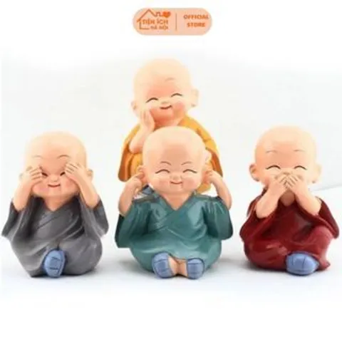Bộ 4 Tượng Chú Tiểu Bốn Hòa Thượng Tứ Không Mini - Decor Ô Tô, Bàn Làm Việc Bằng Sứ An Lạc 813854