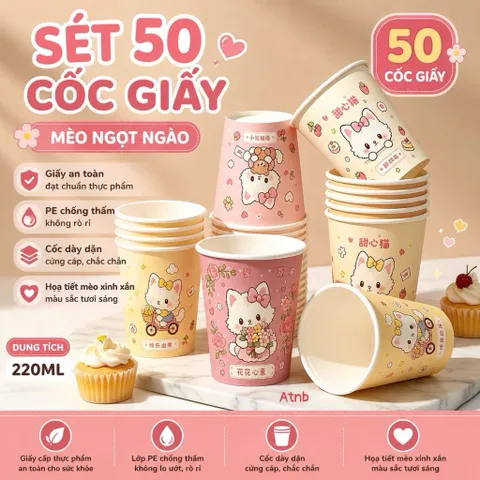 SÉT 50 CỐC GIẤY DÙNG 1 LẦN 220ML HÌNH MÈO NGỌT NGÀO - Ly Giấy Cao Cấp Chống Thấm Nước Dùng Cho Tiệc Tùng, Văn Phòng 813864