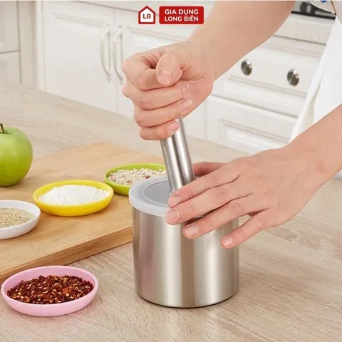 Bộ Chày Cối Inox 304 Có Nắp Đậy, Chày Cối Nguyên Khối Dã Đồ Cực Nhuyễn Mịn Tiện Lợi Cho Gia Đình 813959