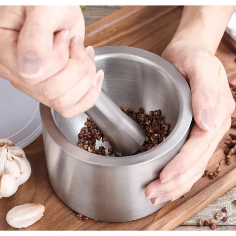 Bộ Chày Cối Inox 304 Có Nắp Đậy, Chày Cối Nguyên Khối Dã Đồ Cực Nhuyễn Mịn Tiện Lợi Cho Gia Đình 813959