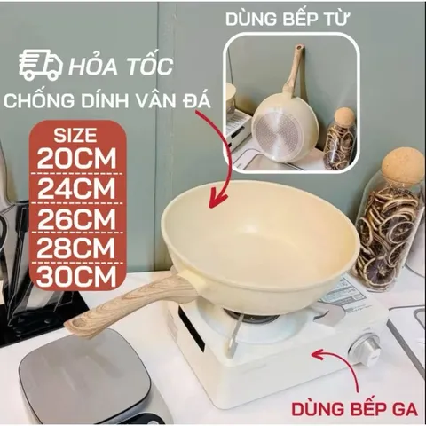 Chảo Chống Dính Vân Đá Màu Kem 24cm - Dùng Cho Bếp Từ, Tiện Lợi Cho Mọi Món Xào 814068