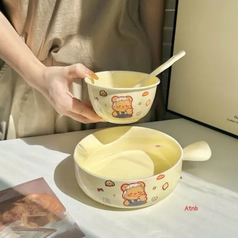 Bộ Bát Đĩa Sứ Decor Hình Gấu Bear Kem Bơ - Bát Ăn Dặm, Tô Sứ Có Tay Cầm Cao Cấp Dễ Thương Cho Bé Và Gia Đình 814106