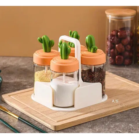 Hũ Đựng Gia Vị Thủy Thủy Tinh Hình Xương Rồng Kèm Thìa, Bộ 4 Lọ Đựng Gia Vị Có Khay Cầm Tiện Lợi Decor Nhà Bếp 814163