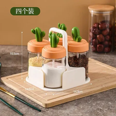 Hũ Đựng Gia Vị Thủy Thủy Tinh Hình Xương Rồng Kèm Thìa, Bộ 4 Lọ Đựng Gia Vị Có Khay Cầm Tiện Lợi Decor Nhà Bếp 814163