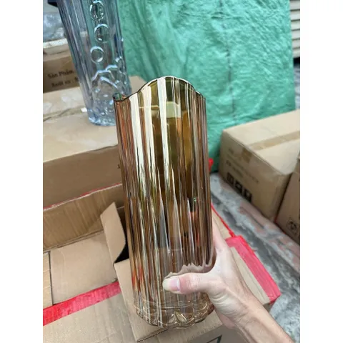 Bình Hoa Thủy Tinh Trụ Tròn Sọc Khía Lượn Sóng Cao Cấp Lọ Cắm Hoa Decor Trang Trí Phòng Khách Hiện Đại Cao 30cm 814195