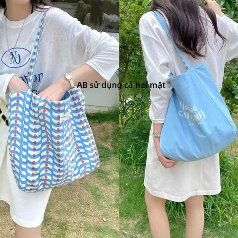 Túi Tote Vải Canvas 2 Mặt Đeo Vai Nojo Company Cao Cấp - Túi Xách Nữ Cỡ Lớn Đi Học Đi Chơi Hoạt Tiết Sóng Gợn Cá Tính 814232