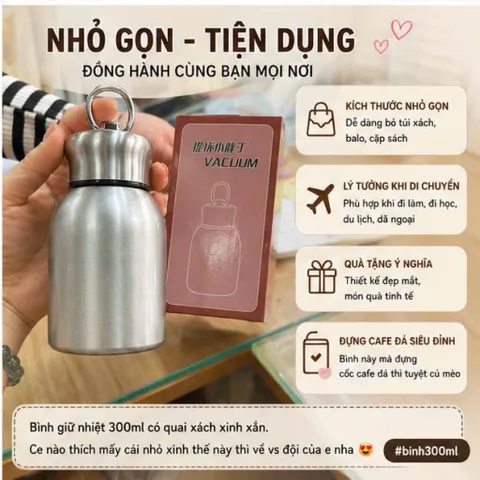 Bình Giữ Nhiệt Mini 300ml Inox 304 Cao Cấp Có Quai Xách Tiện Lợi Bình Nước Giữ Nhiệt Giữ Nóng Lạnh Cực Tốt Cho Văn Phòng 814233