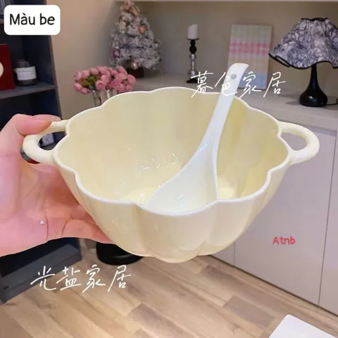 Bát Gốm Sứ Hình Quả Bí Ngô Có Tay Cầm, Tô Đựng Thức Ăn Bát Súp Có Tai kèm thìa Dùng Được Trong Lò Vi Sóng 814240