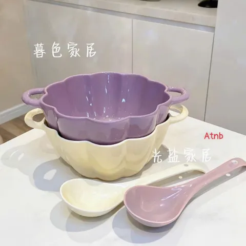 Bát Gốm Sứ Hình Quả Bí Ngô Có Tay Cầm, Tô Đựng Thức Ăn Bát Súp Có Tai kèm thìa Dùng Được Trong Lò Vi Sóng 814240
