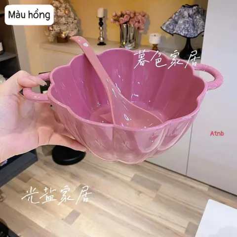 Bát Gốm Sứ Hình Quả Bí Ngô Có Tay Cầm, Tô Đựng Thức Ăn Bát Súp Có Tai kèm thìa Dùng Được Trong Lò Vi Sóng 814240