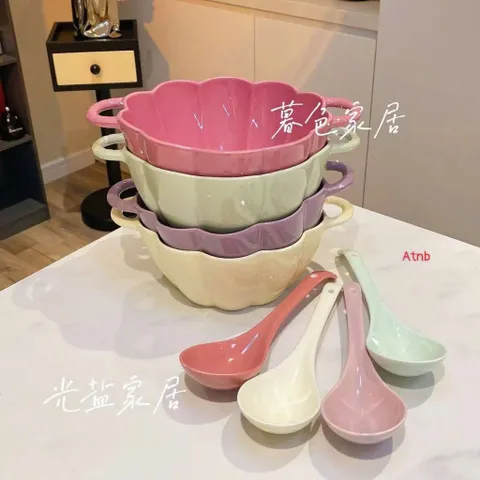 Bát Gốm Sứ Hình Quả Bí Ngô Có Tay Cầm, Tô Đựng Thức Ăn Bát Súp Có Tai kèm thìa Dùng Được Trong Lò Vi Sóng 814240