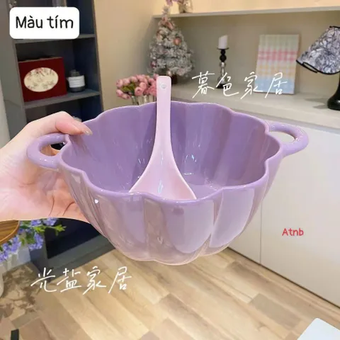 Bát Gốm Sứ Hình Quả Bí Ngô Có Tay Cầm, Tô Đựng Thức Ăn Bát Súp Có Tai kèm thìa Dùng Được Trong Lò Vi Sóng 814240