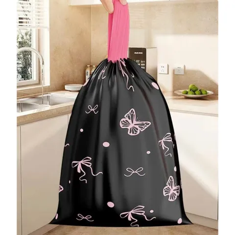 Cuộn 100 Túi Rác Đen Dây Rút Tự Động In Họa Tiết Nơ Sang Trọng, Túi Đựng Rác Gia Đình Siêu Dai Chống Rò Rỉ 814253