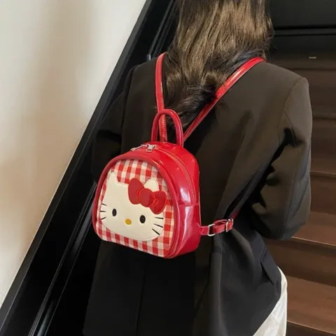 Balo Mini Hello Kitty Dễ Thương Túi Đeo Chéo 2 Trong 1 Da Bóng Cao Cấp Họa Tiết Caro Đỏ Trắng Phong Cách Hàn Quốc 814257