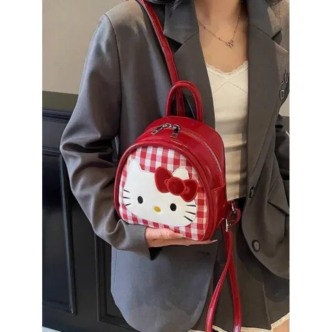 Balo Mini Hello Kitty Dễ Thương Túi Đeo Chéo 2 Trong 1 Da Bóng Cao Cấp Họa Tiết Caro Đỏ Trắng Phong Cách Hàn Quốc 814257