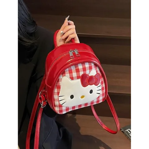 Balo Mini Hello Kitty Dễ Thương Túi Đeo Chéo 2 Trong 1 Da Bóng Cao Cấp Họa Tiết Caro Đỏ Trắng Phong Cách Hàn Quốc 814257