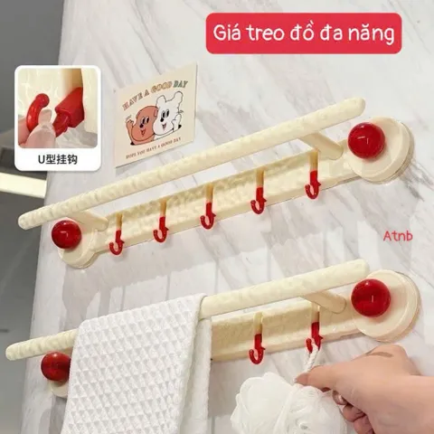 Giá Treo Khăn Nhà Tắm Hút Chân Không 42cm Kèm 6 Móc Treo Chữ U – Kệ Treo Khăn Dán Tường Không Khoa 814262