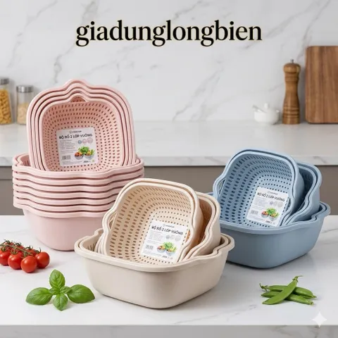 Bộ 6 Rổ Nhựa Kèm Chậu 2 Lớp Hình Vuông Cao Cấp - Combo Rổ Ráo Nước Và Chậu Rửa Rau Củ Quả Tiện Lợi Cho Nhà Bếp 814277
