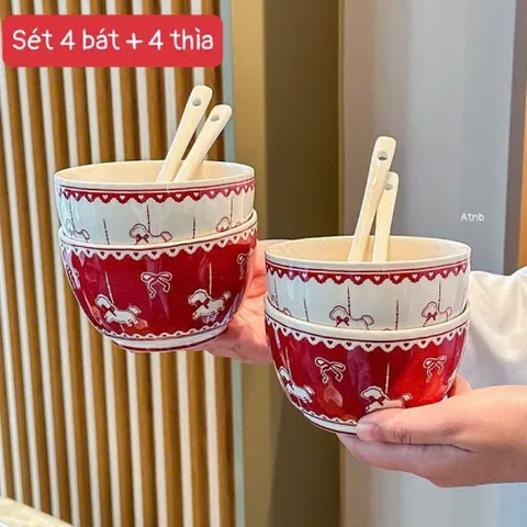 Combo 4 Bát Sứ Kèm Thìa Họa Tiết Ngựa Gỗ Đáng Yêu - Chén Ăn Cơm Sứ Cao Cấp Phong Cách Gốm Sứ Hàn Quốc Decor Bàn Ăn 814278