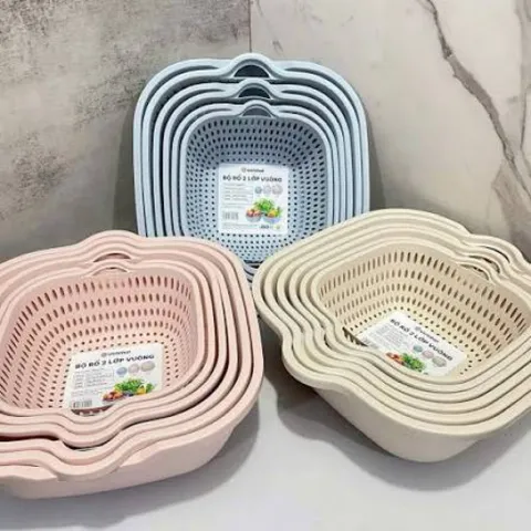 Bộ 6 Rổ Nhựa Kèm Chậu 2 Lớp Hình Vuông Cao Cấp - Combo Rổ Ráo Nước Và Chậu Rửa Rau Củ Quả Tiện Lợi Cho Nhà Bếp 814277
