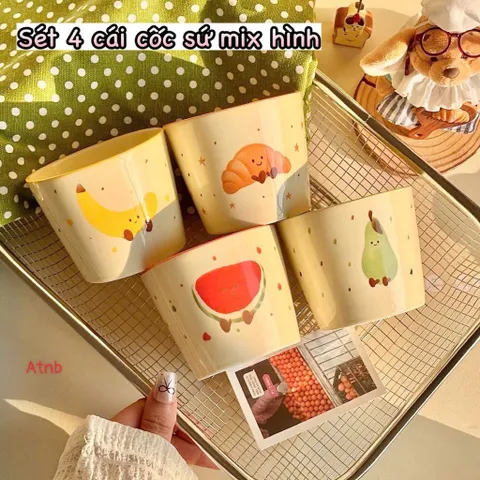 Sét 4 Cốc Sứ Decor Cao Cấp Hình Trái Cây & Croissant Dễ Thương - Ly Sứ Uống Nước, Trà, Cà Phê Hoạt Hình Vintage Đáng Yêu 814301